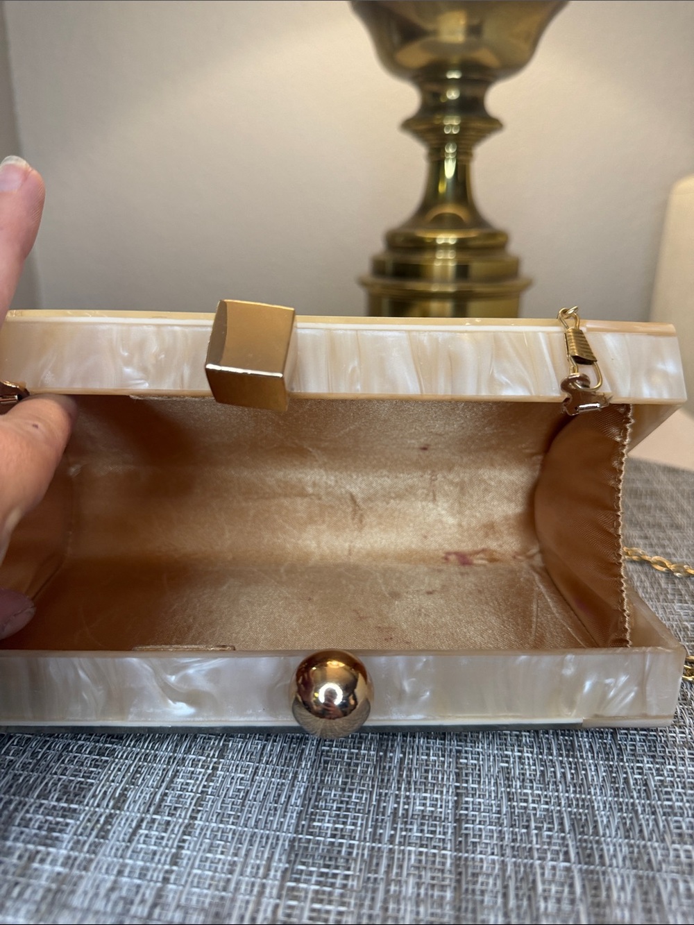 Pearlescent Beige Acrylic Box Clutch with Gold Chain - Picture 6 of 6